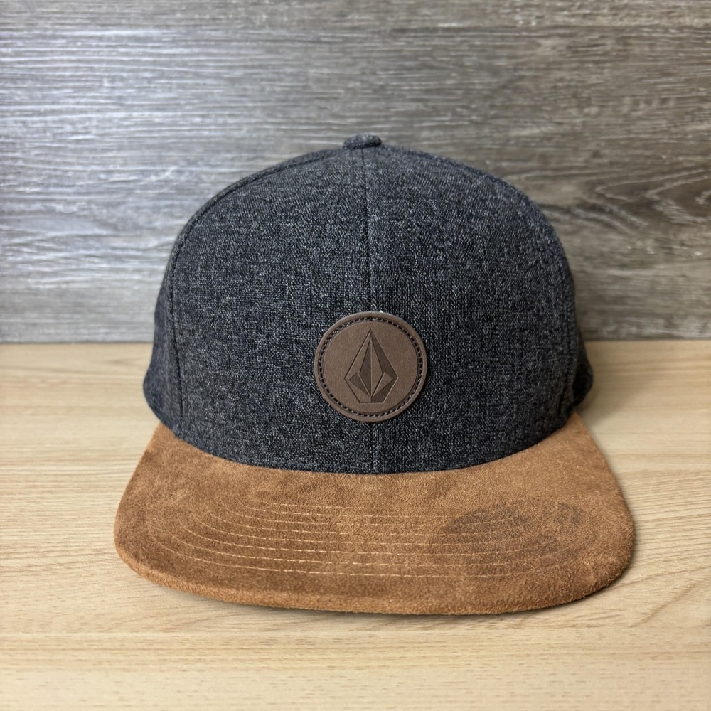 Volcom Hat Cap Snap Back One Size Gray Brown Suede Brim Patch Flat Bill Mens